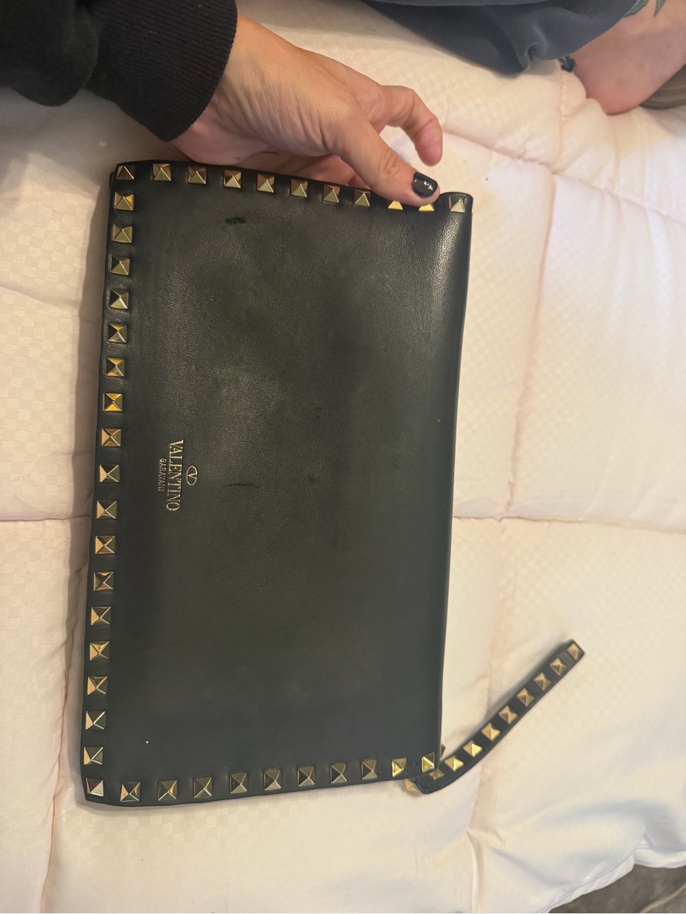 Valentino Black Leather Rockstud Wristlet with Gold Stud Trim